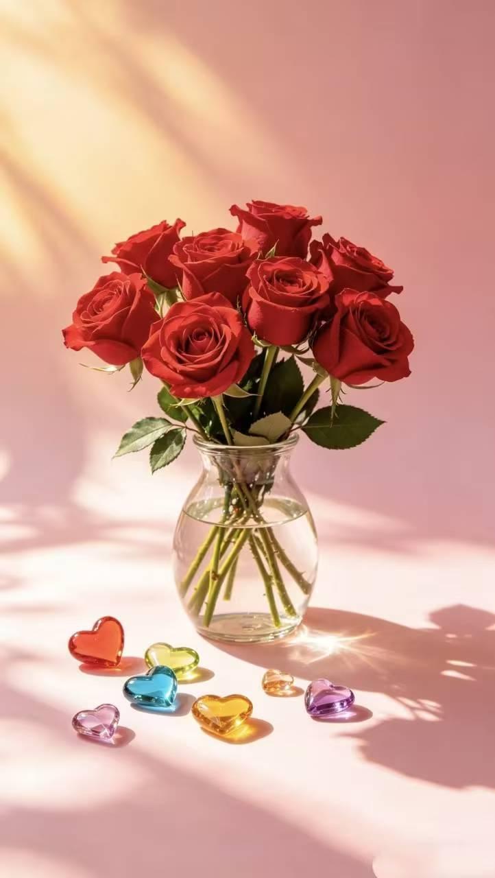 浪漫红玫瑰，心心相印的甜蜜时光🌹❤️💙💛💜