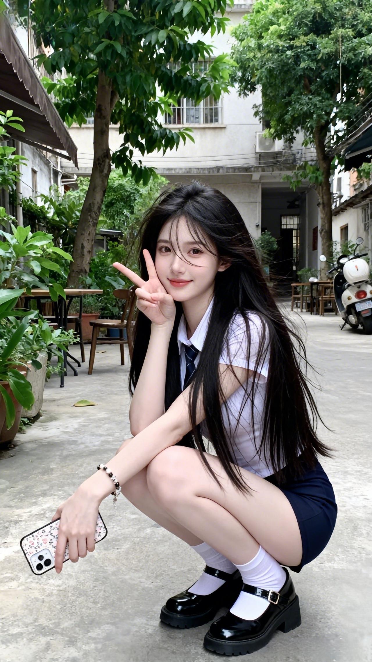 绿树阴中人似玉，静坐看花心自怡。