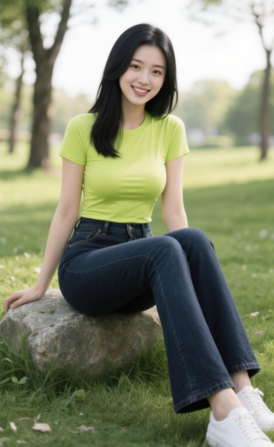 《晴日闲坐》
 
晴光漫染草如茵，
石上闲坐笑如春。
青衫映得风初软，
蓝裤裁成