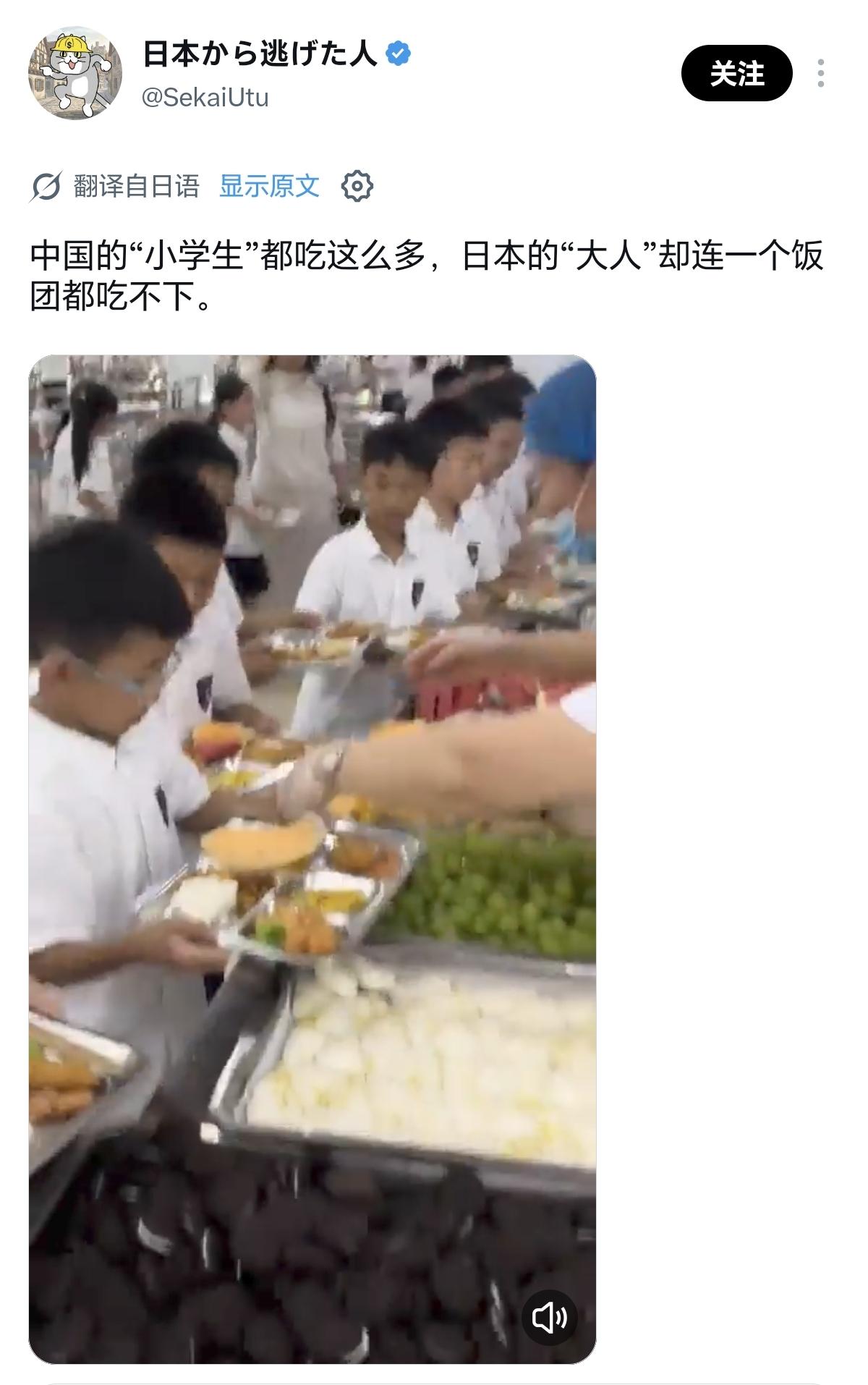 日本人吐槽中国小学生吃得太多，难道不是日本小学生吃太少吗？

中国的学生食堂，有