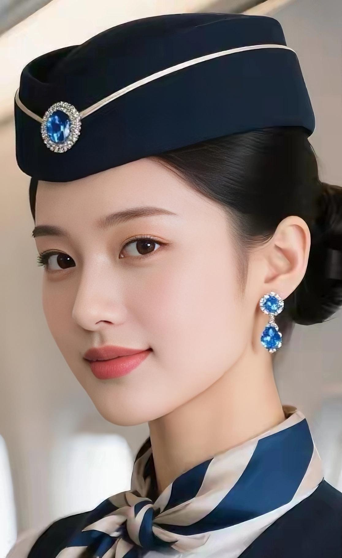 气质温婉大方，眉眼清秀动人，一身空姐制服尽显优雅干练，颜值十分出众。欢迎评论区留