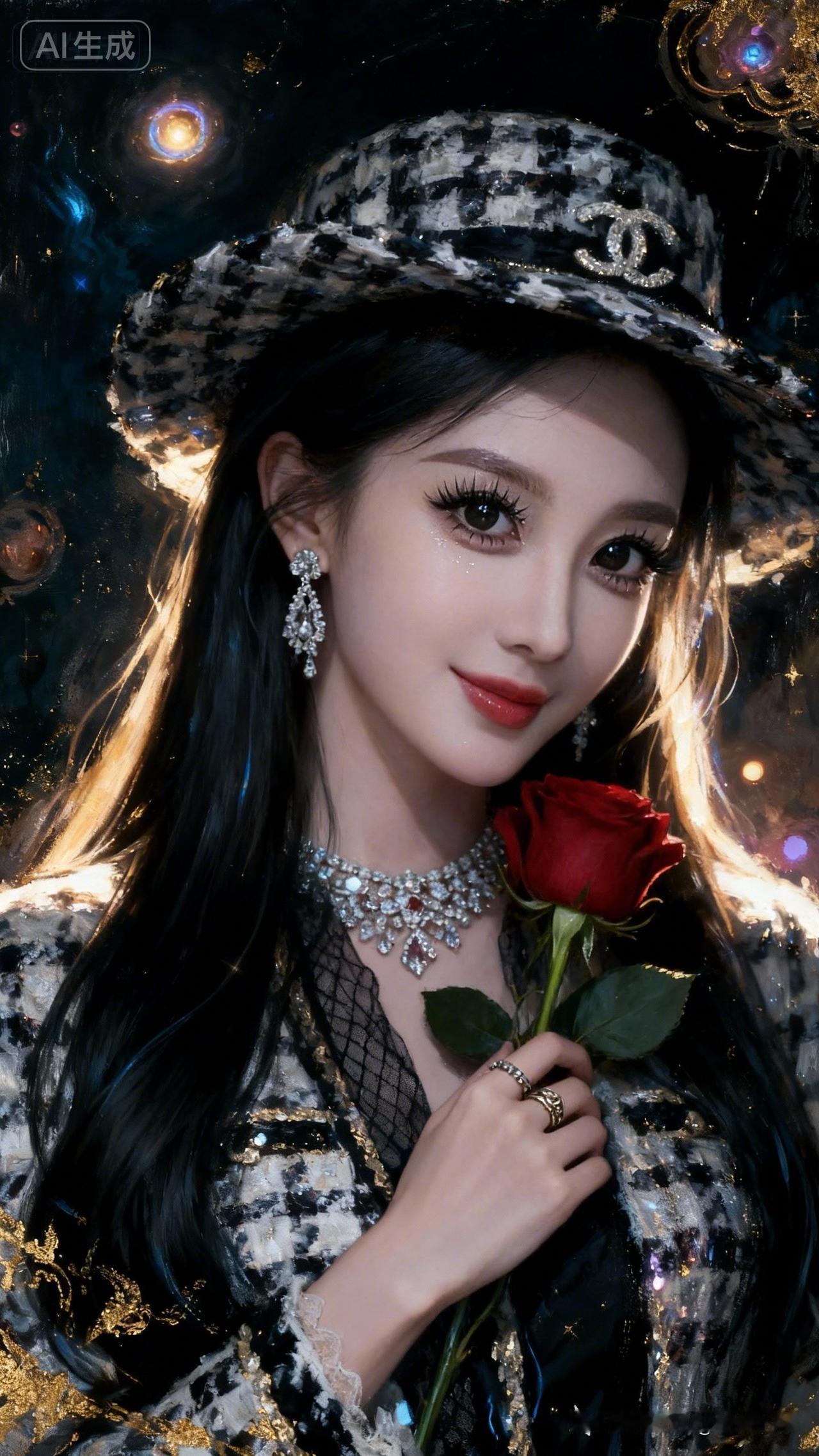 陶瓷白肌透亮，纤长睫毛卷翘，黑眸闪亮，长发及腰发丝拂面。小香风衣帽搭配复古戒指，