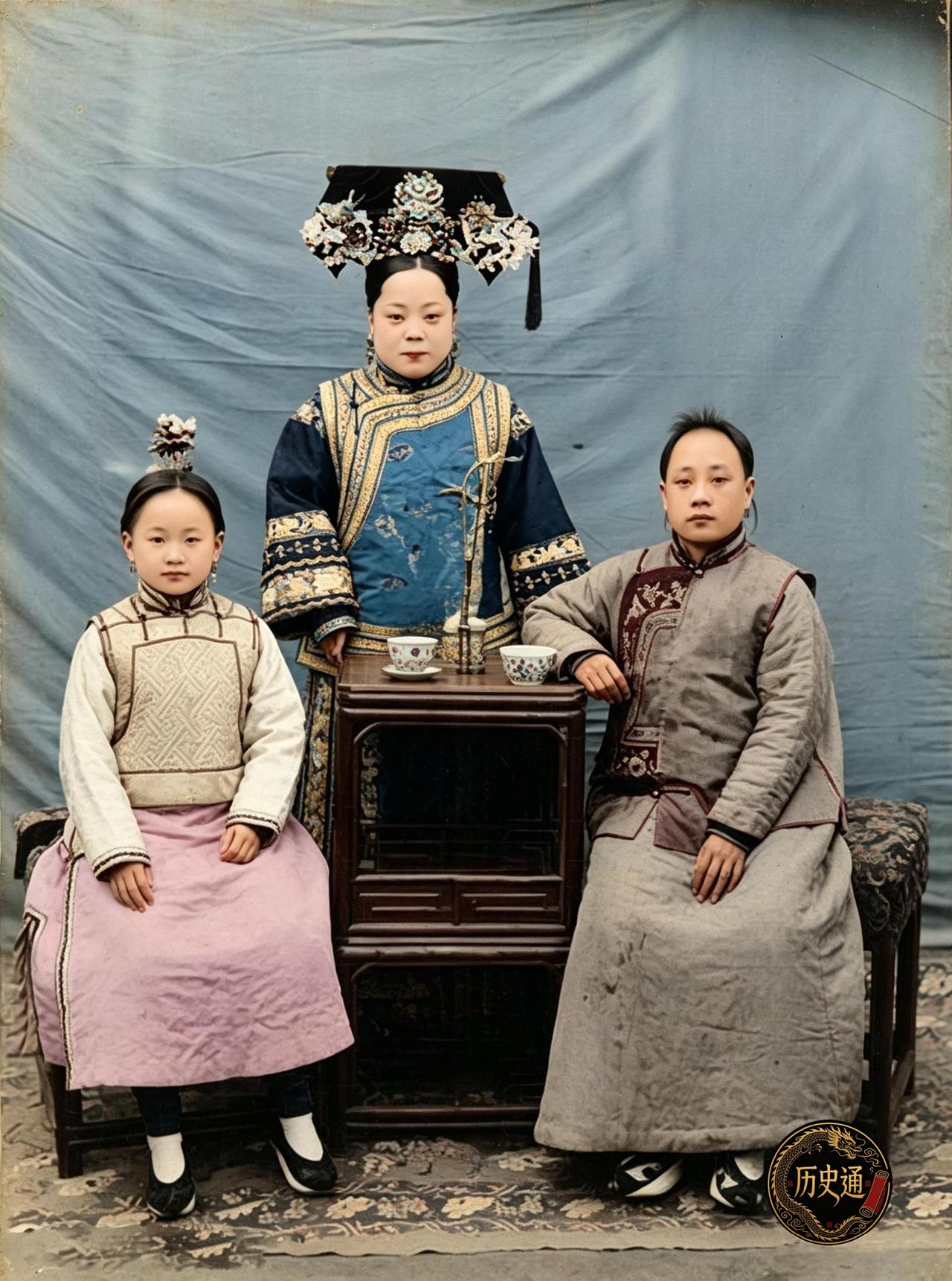 这张晚清旗人合影反常得让人过目不忘。按常理合影当以长辈居中、晚辈立两旁，这一张却