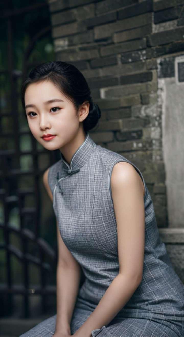 AI扩图 AI灰格旗袍韵