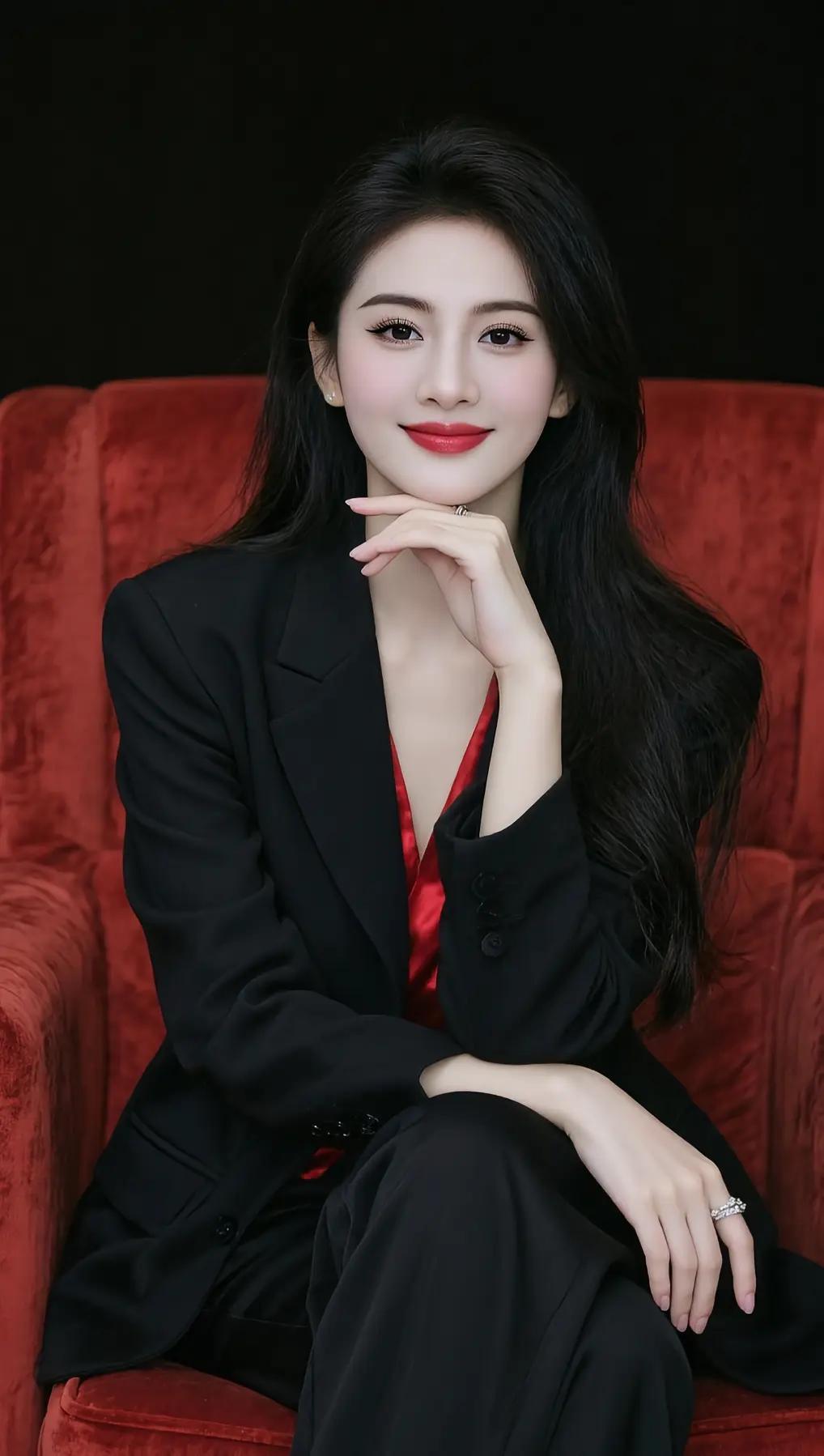 优雅黑色西装搭配，红唇黑发，尽显时尚魅力！