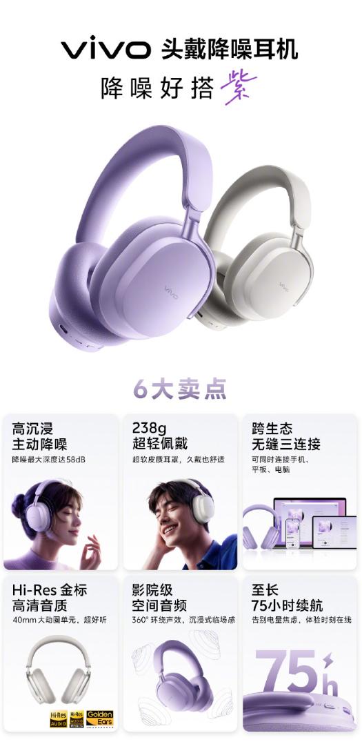 vivo 首款头戴降噪耳机,降噪最大深度 58dB，重量 238g，支持跨生态无