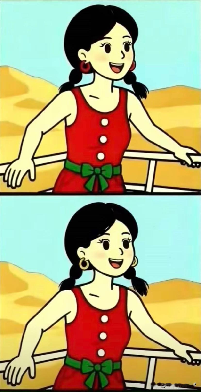 红衣少女倚栏，笑脸如花
考眼力 能找出不同吗[灵光一闪]