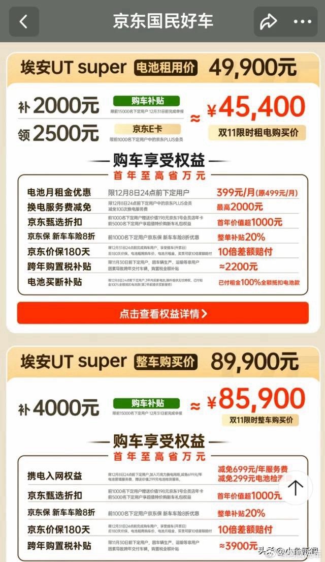 京东汽车联合广汽、宁德时代打造的首款国民好车埃安UT- SUPER价格：租电：4