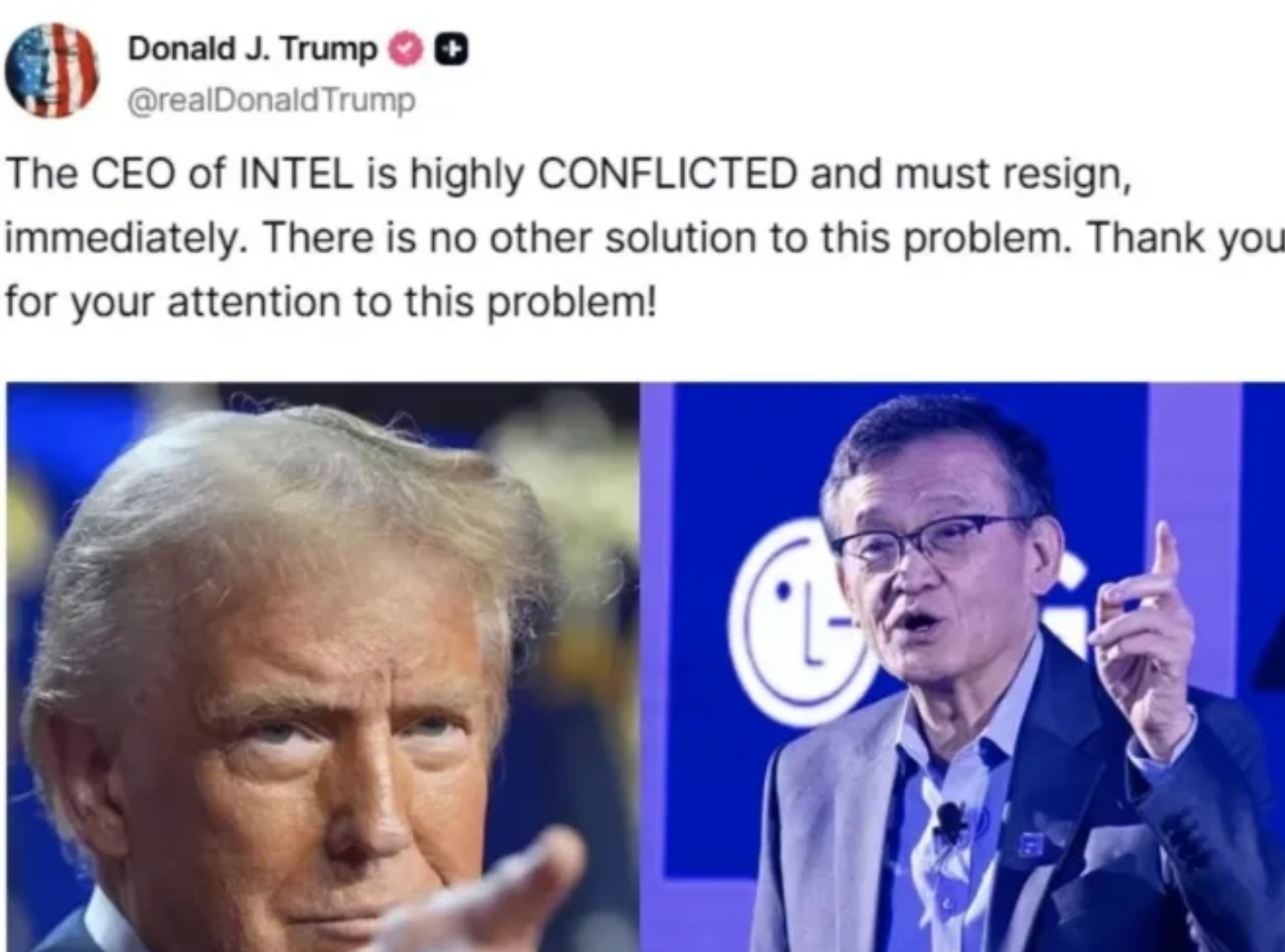 特朗普在社交媒体点名，让英特尔CEO陈立武“马上辞职”，理由是“与中企关系利益冲
