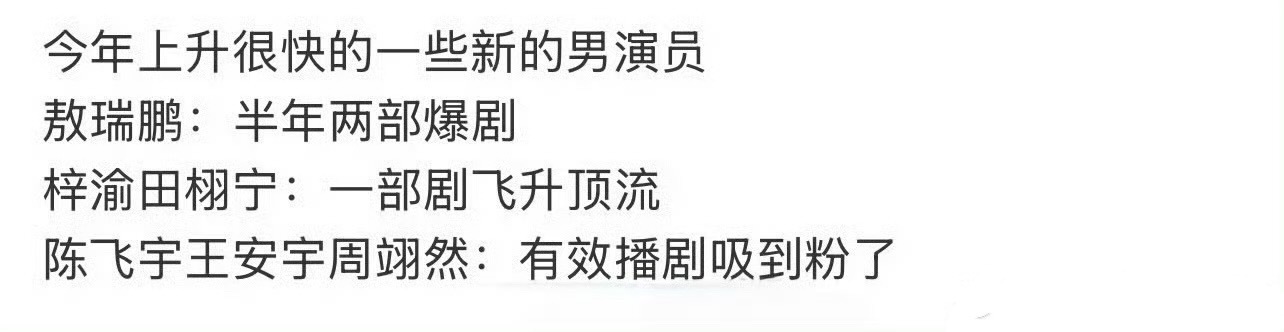 网友盘点今年上升很快的男演员，敖瑞鹏、梓渝、田栩宁、陈飞宇、王安宇、周翊然，认同