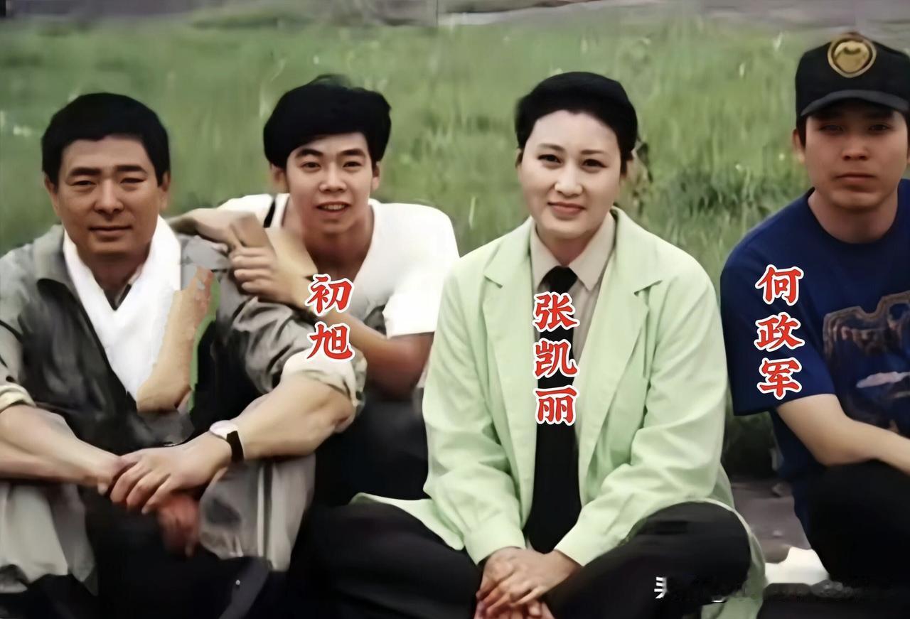 早些年，几位明星们坐在草坪上的一张合影，那个时候的张凯丽好年轻啊，穿着薄款西装，