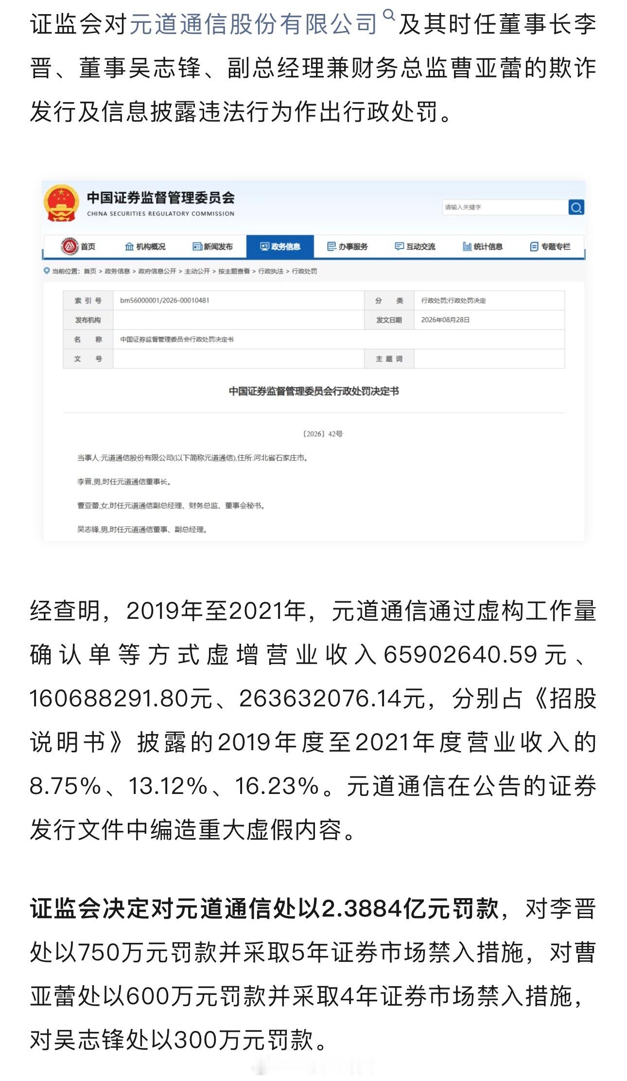 中国证监会开出天价罚单证监会开出2.388亿元天价罚单，301139欺诈发行坐实