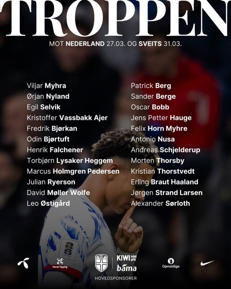 #挪威队新一期大名单# 挪威队公布了新一期球员名单，哈兰德领衔，厄德高伤缺，挪威