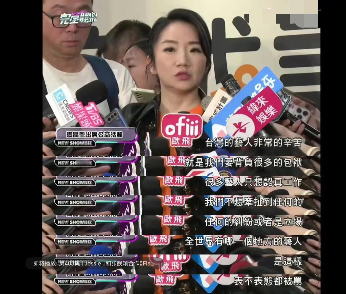 陶晶莹谈台湾艺人立场问题
称台湾艺人非常辛苦，要背负很多包袱
她说很多艺人只想认