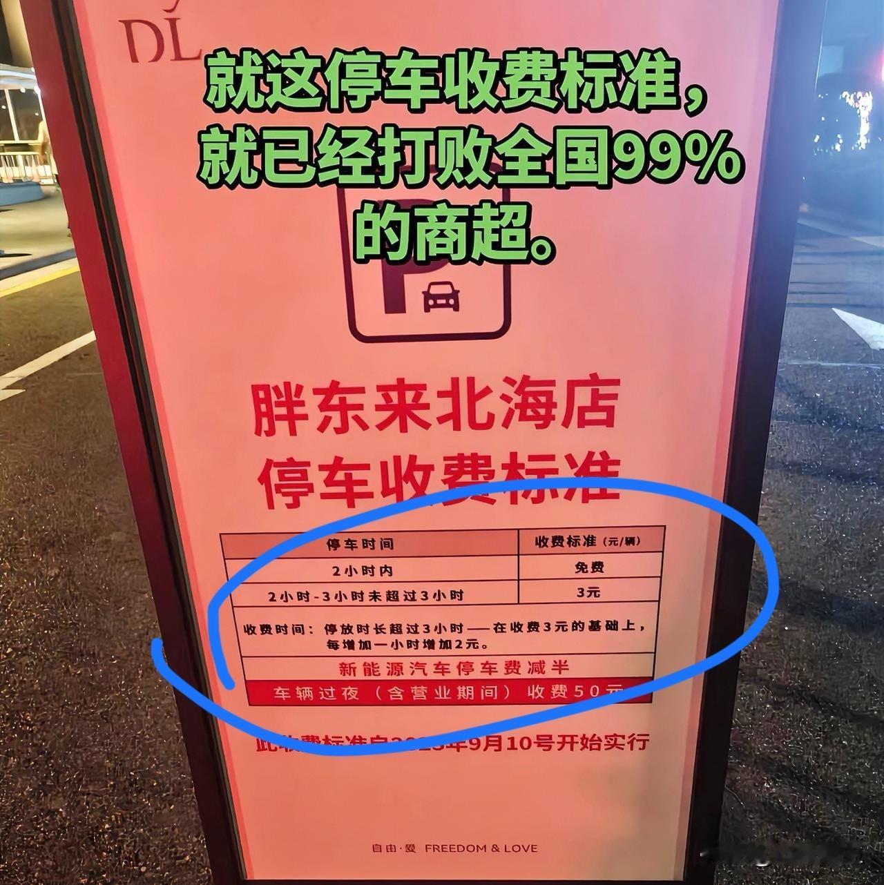 国内一些商超脸不红吗？
胖东来停车收费标准，打败全国99%的商超！
2个小时免费