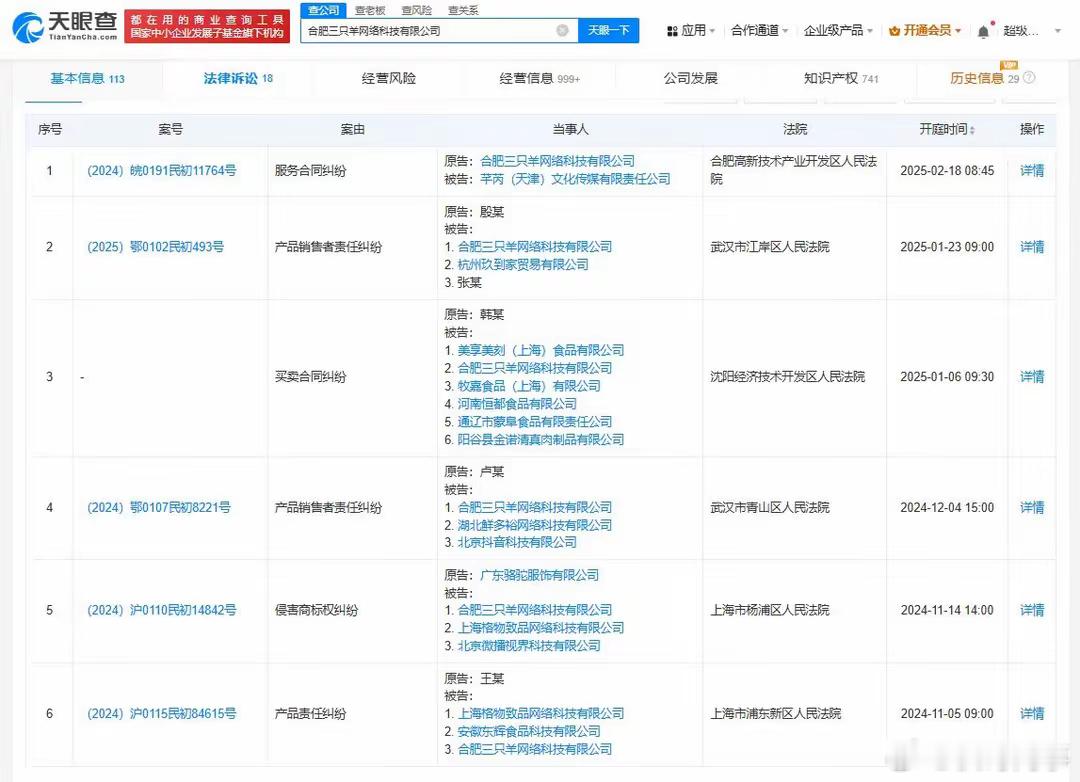 “疯狂小杨哥”及三只羊等被起诉天眼查司法案件信息显示，近日，张庆杨、合肥三只羊网