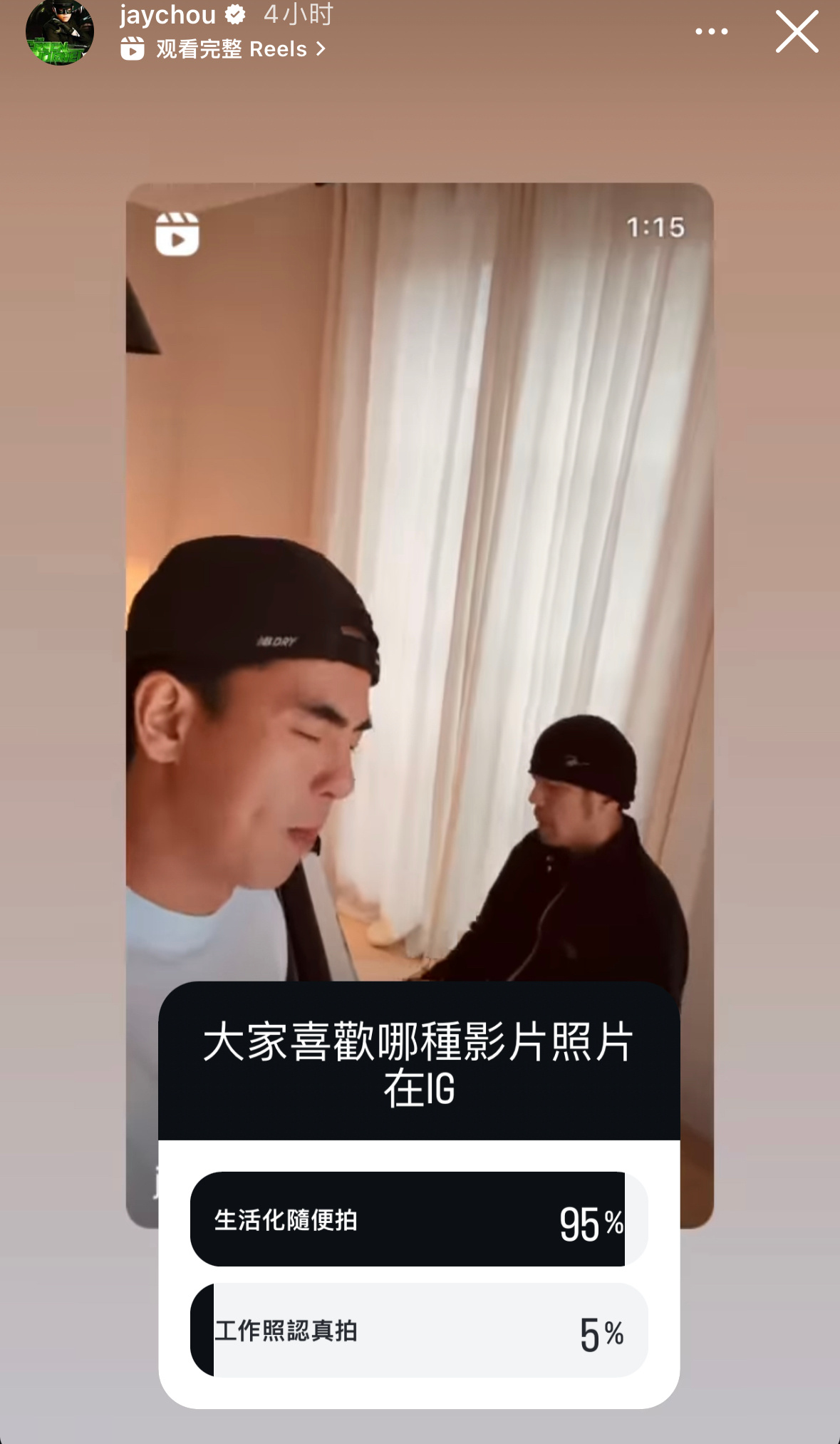 周杰伦发起投票：大家喜欢哪种影片照片在IG？生活化随便拍VS工作照认真拍 ​​​