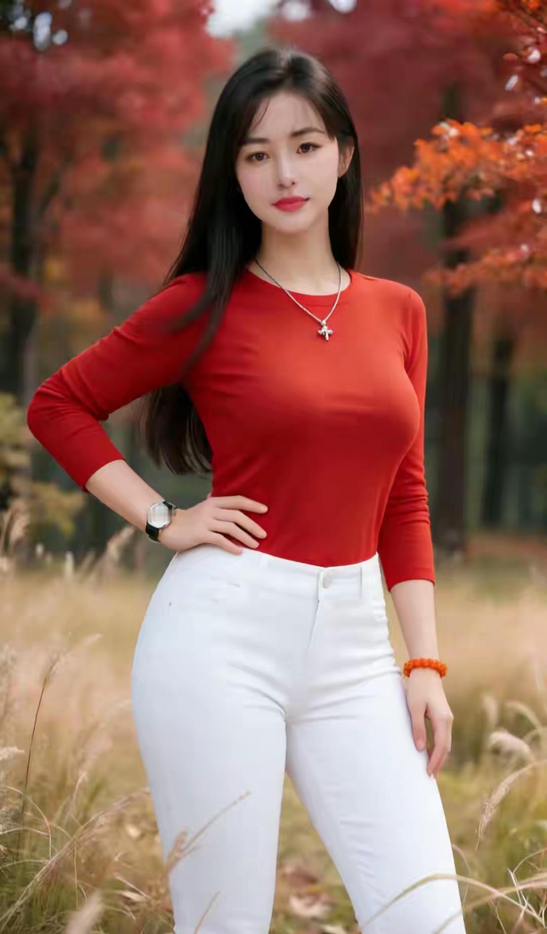 山坡羊·枫林姝影
红裳白履，
枫林霞绮，
仙姿映透丹林里。
叶风嬉，影神驰。
满