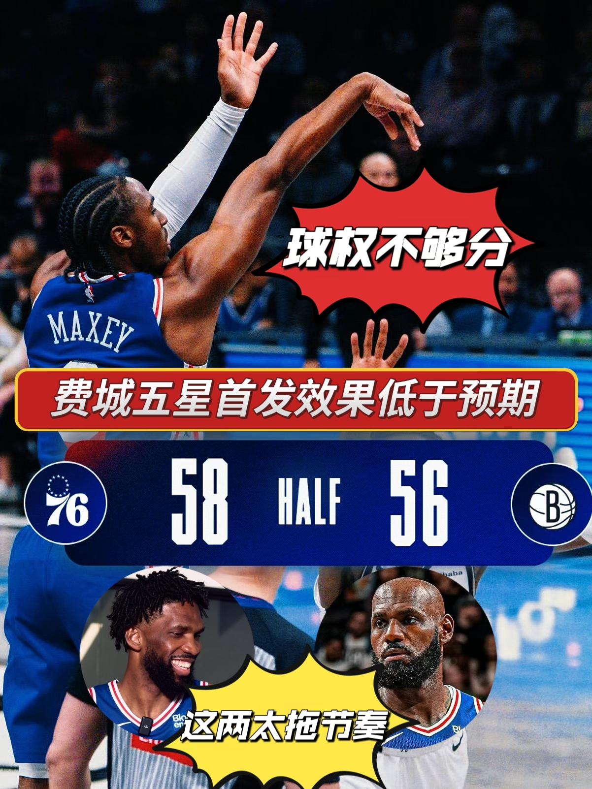 效果不佳！费城首发五虎球权不够分！
随着费城三大主力詹姆斯、恩比德、马克西的出战