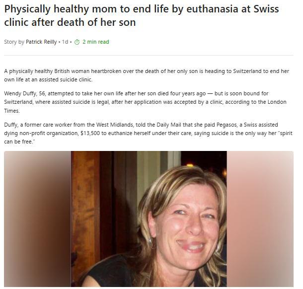 --这种情况申请安乐死也能被批准？一名身体健康的英国女性，因为独生子的去世而心碎