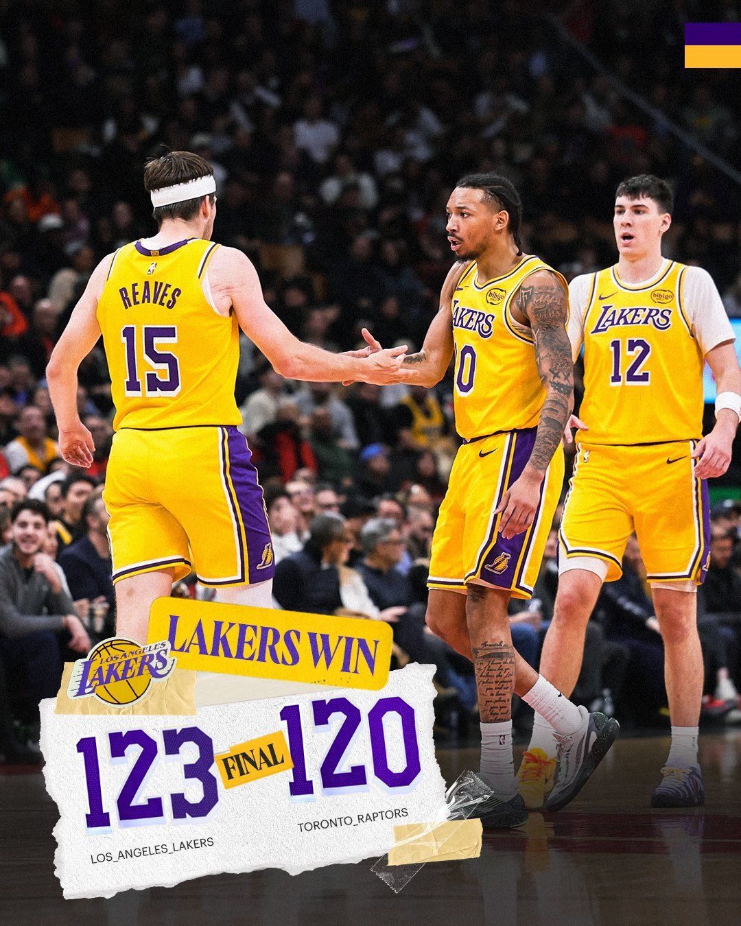 ✅ 湖人客场战胜猛龙✅ 八村三分压哨绝杀✅ 里夫斯40+5+11 没你真不行✅ 