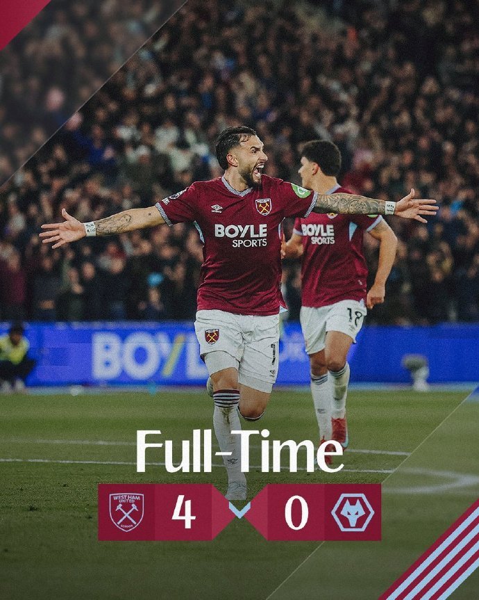 #西汉姆联4比0狼队#英超第32轮，西汉姆联在伦敦碗球场迎战狼队。上半场鲍文助攻