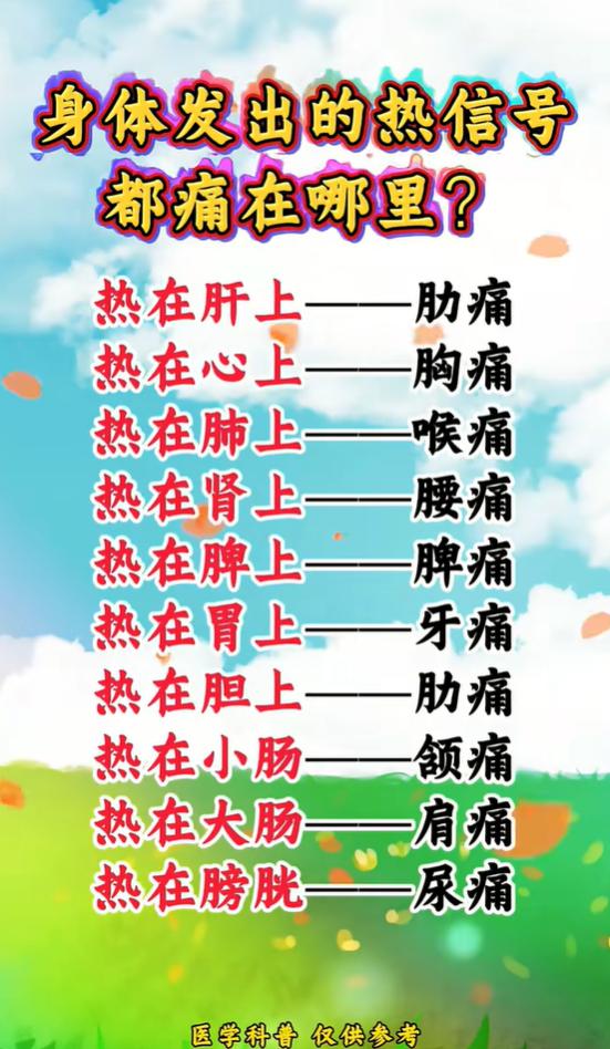 肝心肺肾积热分别对应肋痛腰痛咽痛，对照分清内热根源