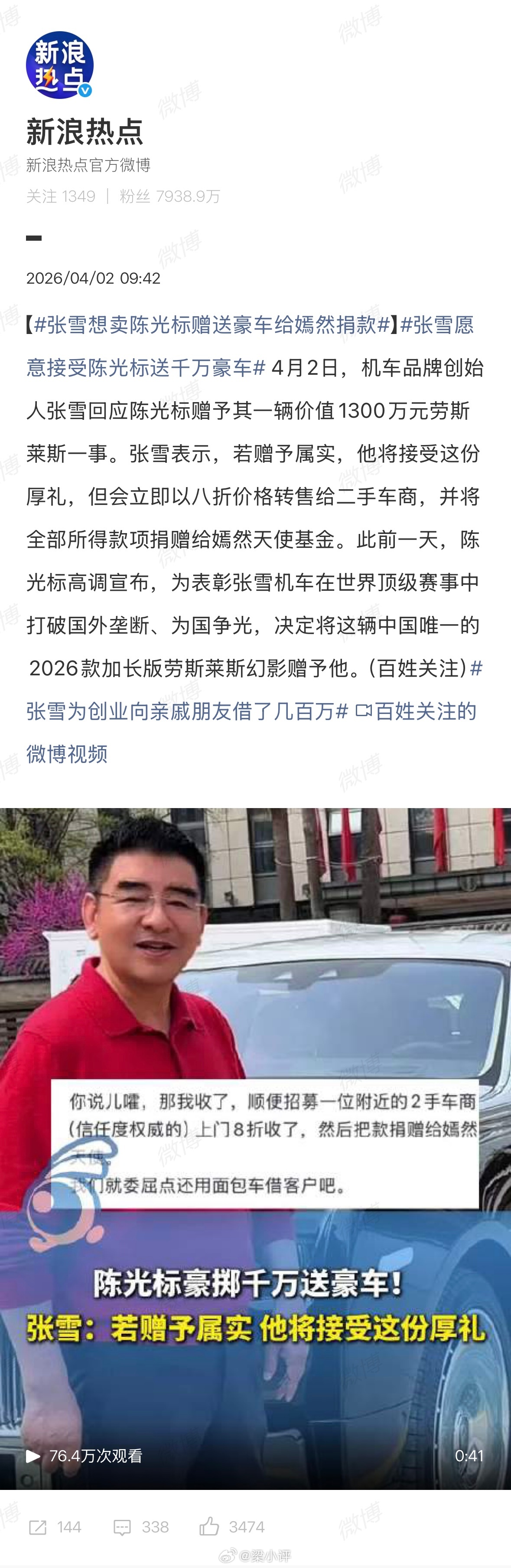 张雪想卖陈光标赠送豪车给嫣然捐款陈光标为表彰张雪机车在顶级赛事为国争光，拟赠其价