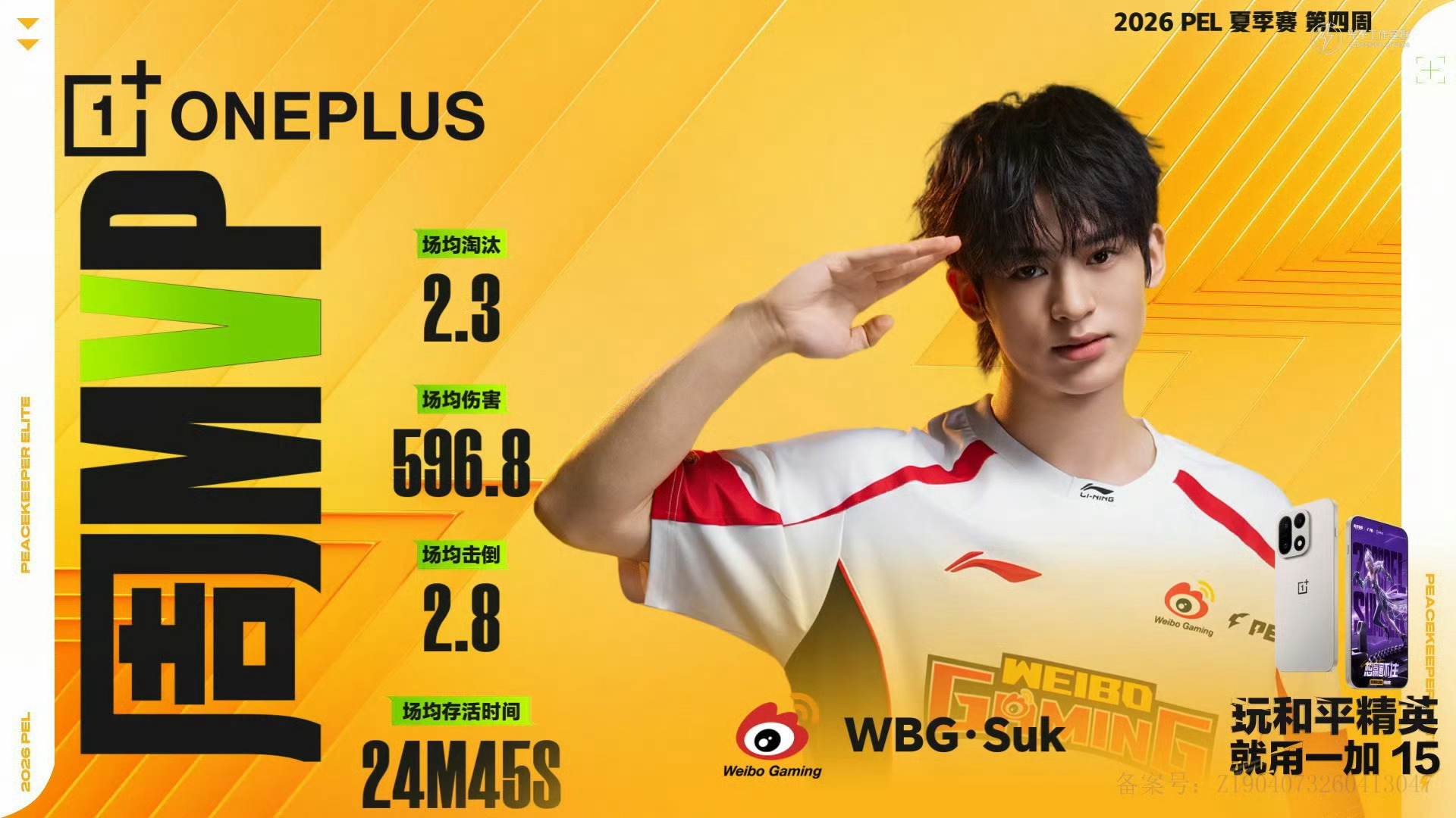 2026 PEL夏季赛第四周周MVP：WBG-Suk。场均淘汰2.3，场均伤害5