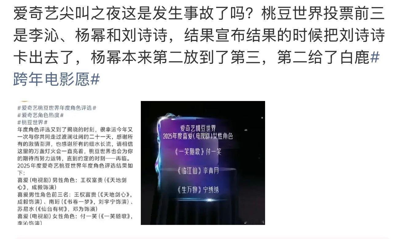 爱奇艺道歉了，真是个草台班子，把刘诗诗的奖给了白鹿，现在又改回去了