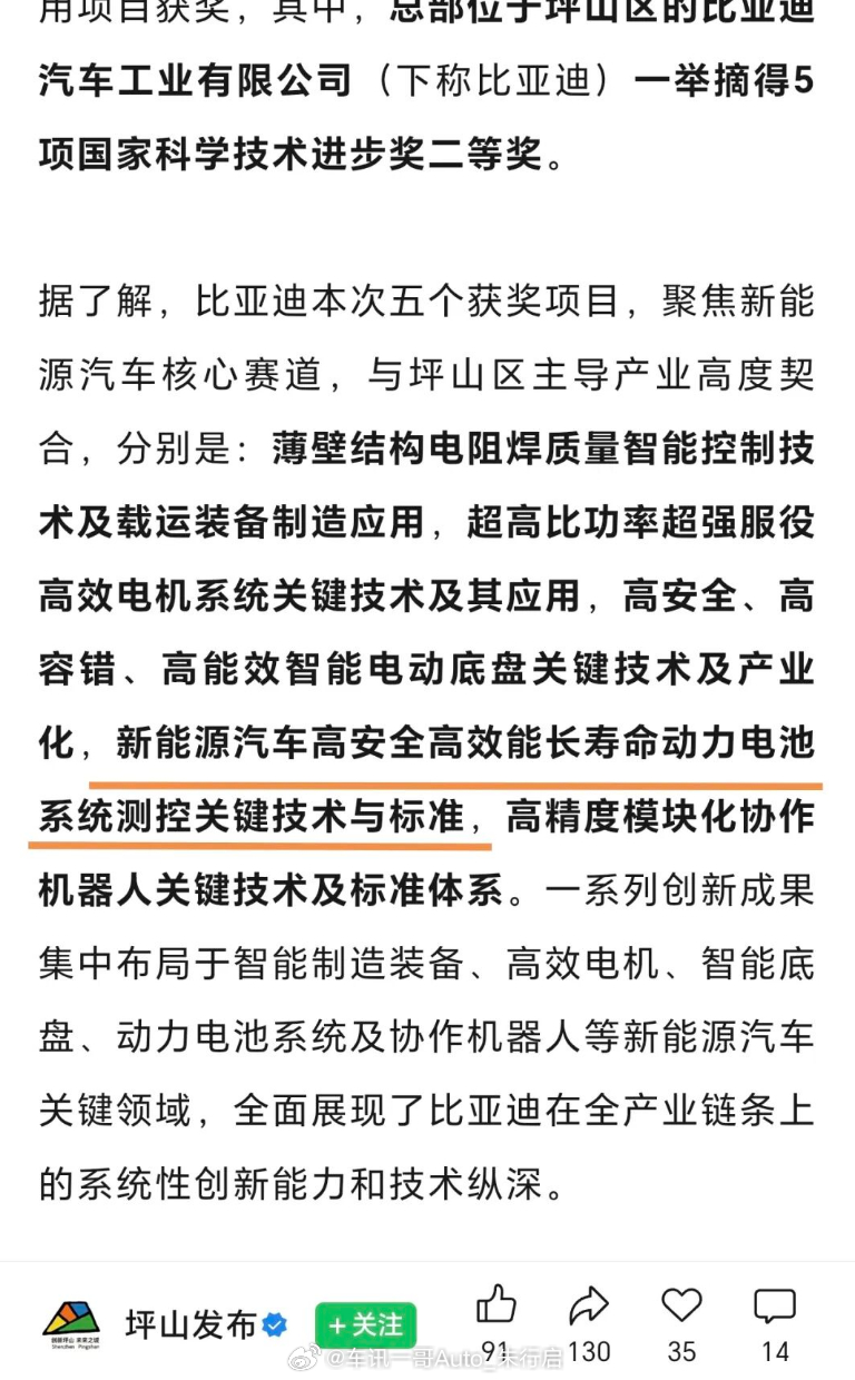 比亚迪获国家奖，二代刀片电池安全和寿命领先。据官媒报道，比亚迪获得五项国家科学技