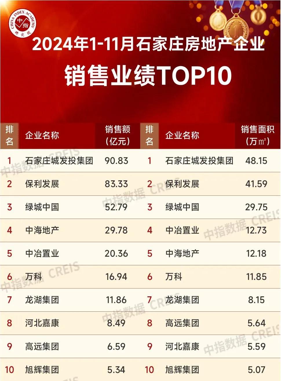 2024年1-11月
石家庄房地产企业销售业绩TOP10

企业排名NO. 1：