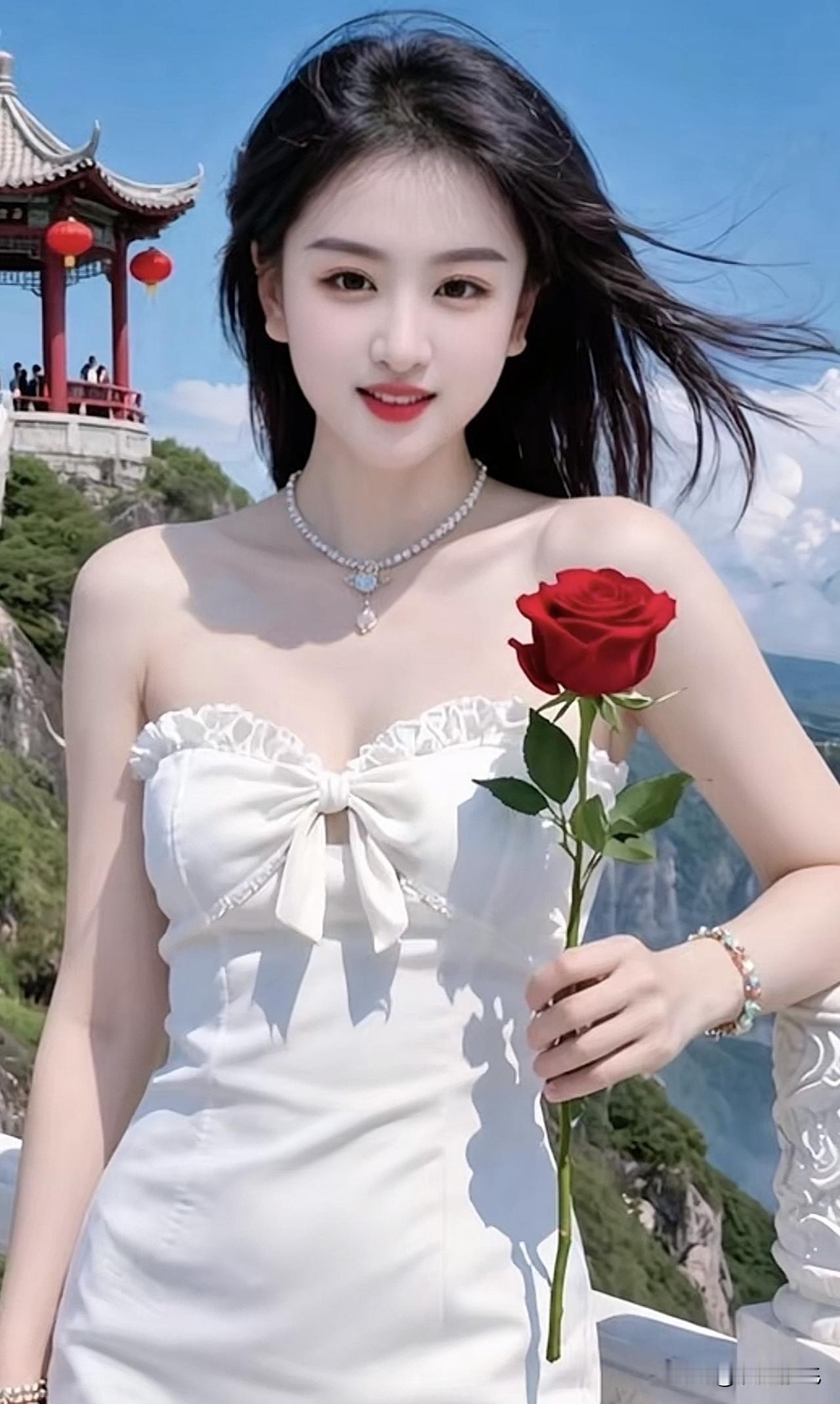 仙气飘飘的少女，手持红玫瑰，置身于山水之间。玫瑰红裙少女 花海少女照 红衣温柔少