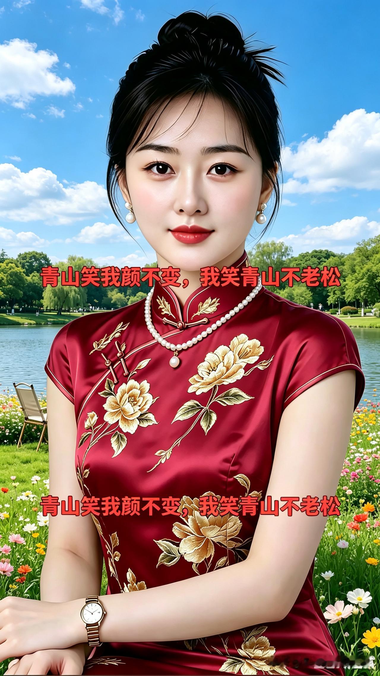 红妆对青山
酒红锦袍绣牡丹，
珠串垂颈韵翩跹。
湖光草色绕芳径，
椅畔佳人立晓川