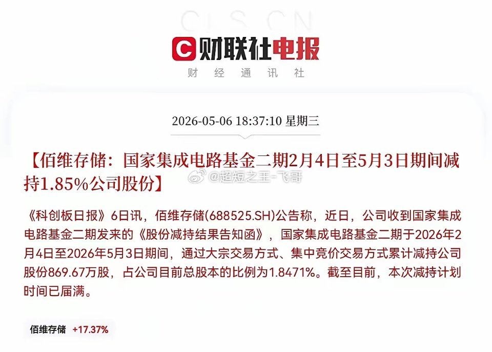 国家大基金悄悄出货了就在刚刚！存储芯片大牛股伯维存储突发重磅公告称，国家集成电路