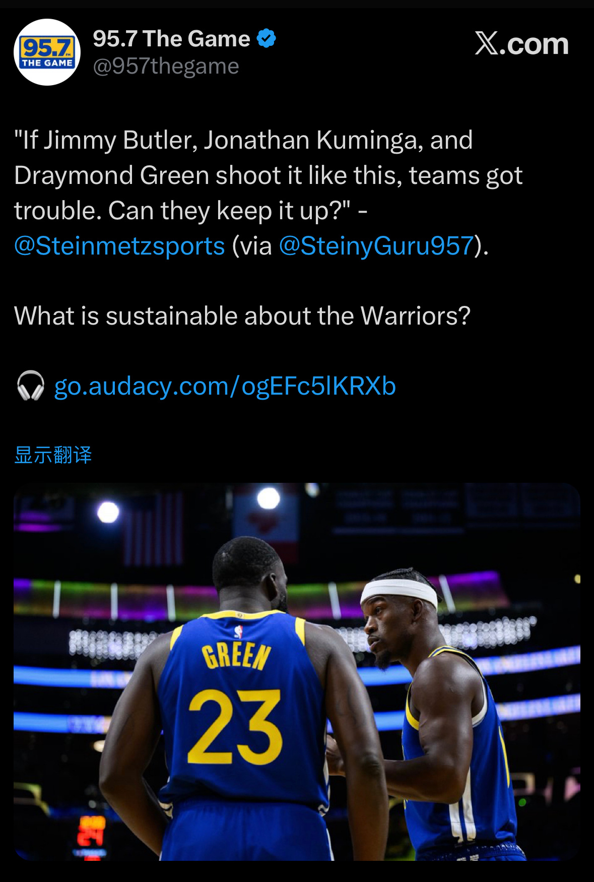 “如果巴特勒、库明加和追梦像这样投篮，对手就麻烦了。他们能保持这种状态吗？” 一