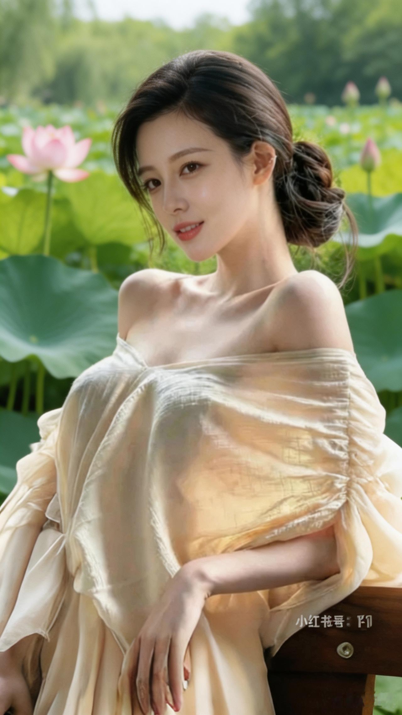 这姑娘站在荷花池边好温柔。