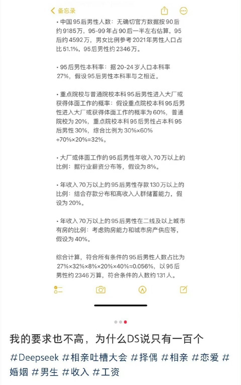 “我的要求并不高，为什么DeepSeek说符合条件的男性不到100个？”[思考]