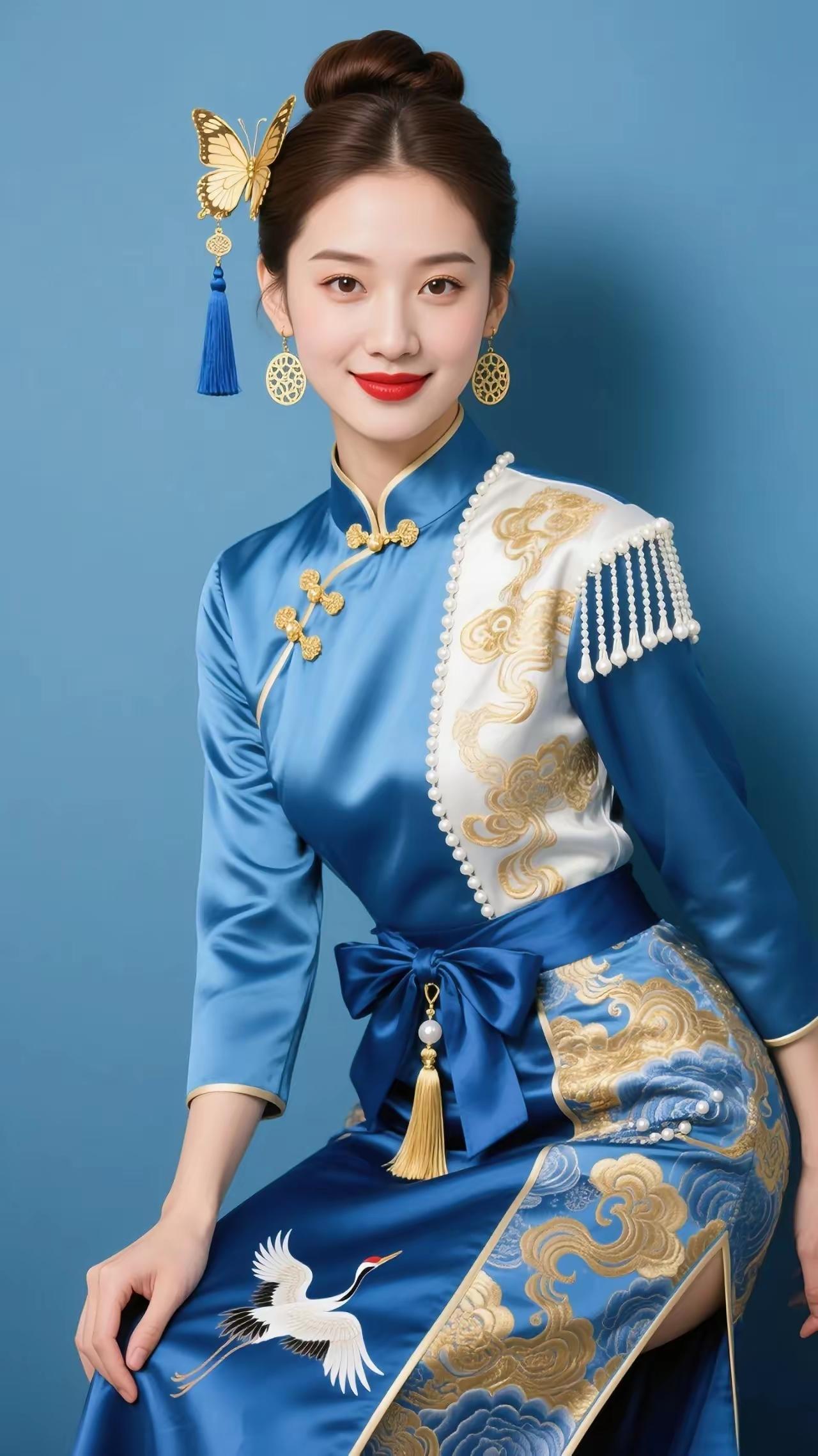 蓝金华服，那是独属于古风的优雅浪漫，白衣胜雪，蓝金交织的华服勾勒出女子曼妙身姿，