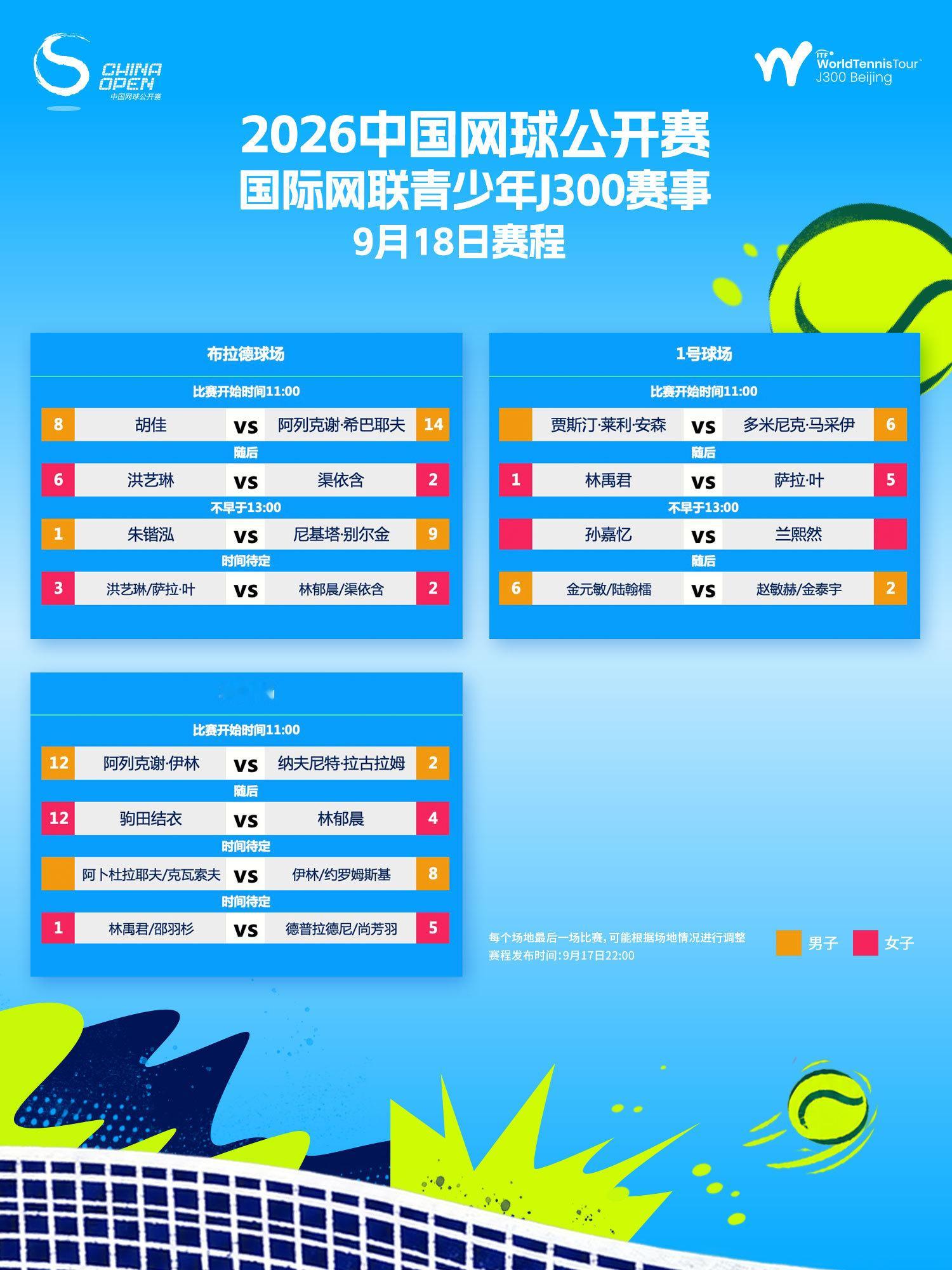 🎾中网公开赛 ITF J300「9月18日赛程」出炉今日比赛将从11:00开始