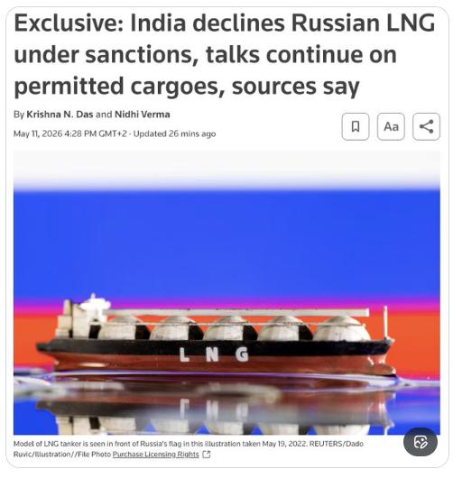 【🇮🇳 印度因美国制裁拒绝购买俄罗斯天然气 — 路透社】据该机构报道，尽管中