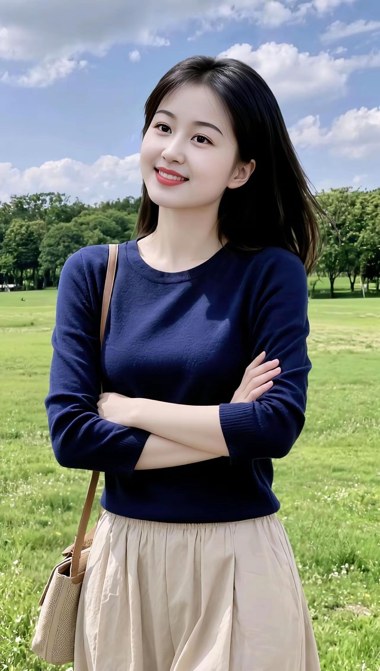 阳光明媚的午后，元气满满的少女在绿意盎然的公园里，微笑着享受美好时光。