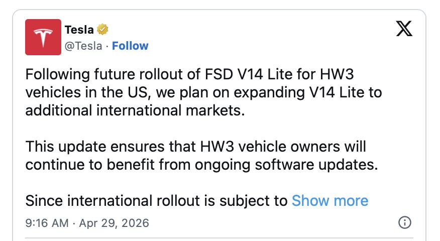 特斯拉老车主狂喜，FSD本月内发布v14 Lite版
对于HW3硬件的特斯拉老车