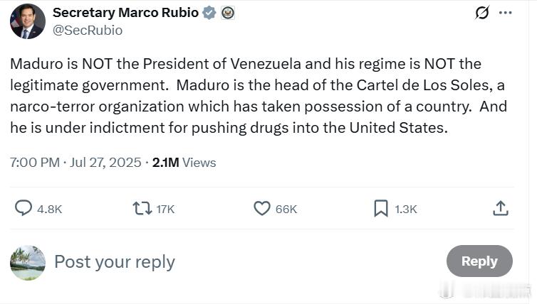 美国务卿马可·鲁比奥：马杜罗并不是委内瑞拉的总统，他的政权也不是合法政府。马杜罗
