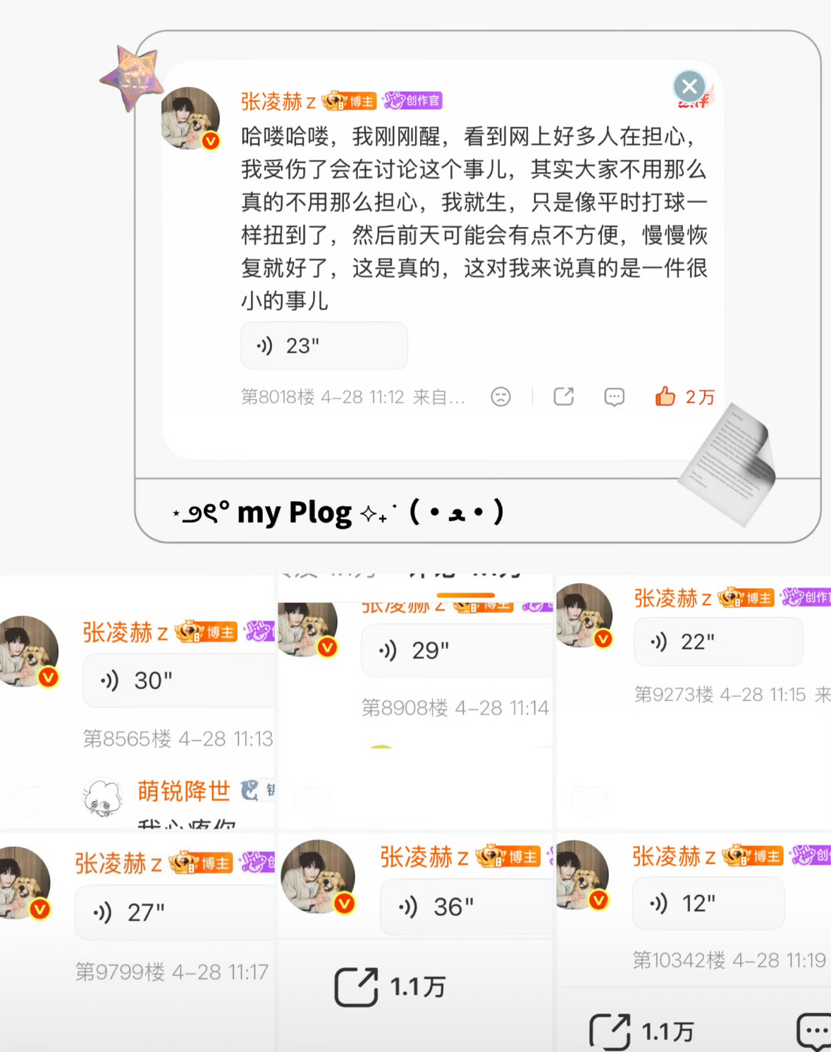 张凌赫连发七条语音安抚粉丝，说受伤对他来说是一件很小的事儿，让大家不用担心他。灵