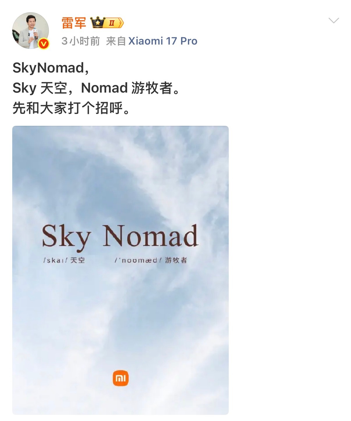 小米汽车造新词第一次看到 SkyNomad 这个名字我就觉得挺有意境，Sky 是