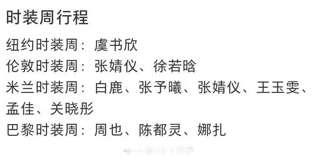 虞书欣、 张婧仪 、白鹿 、周也 、陈都灵、 娜扎 、关晓彤等美女们要参加时装周