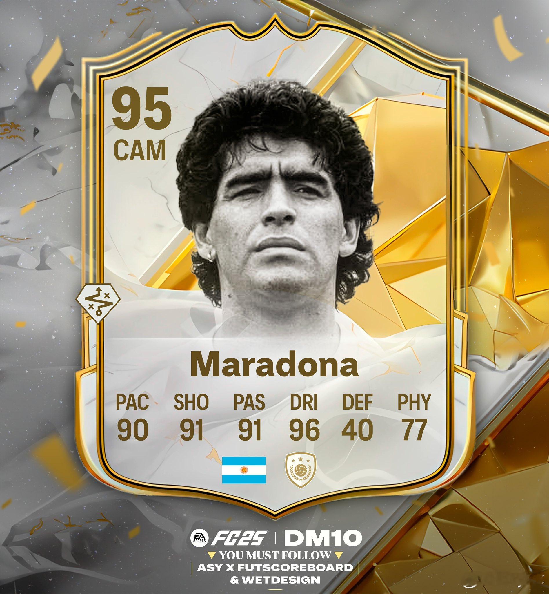 Base传奇球星马拉多纳的正式数据。给了技术盘带+草根英雄活动卡的总评应该在此基