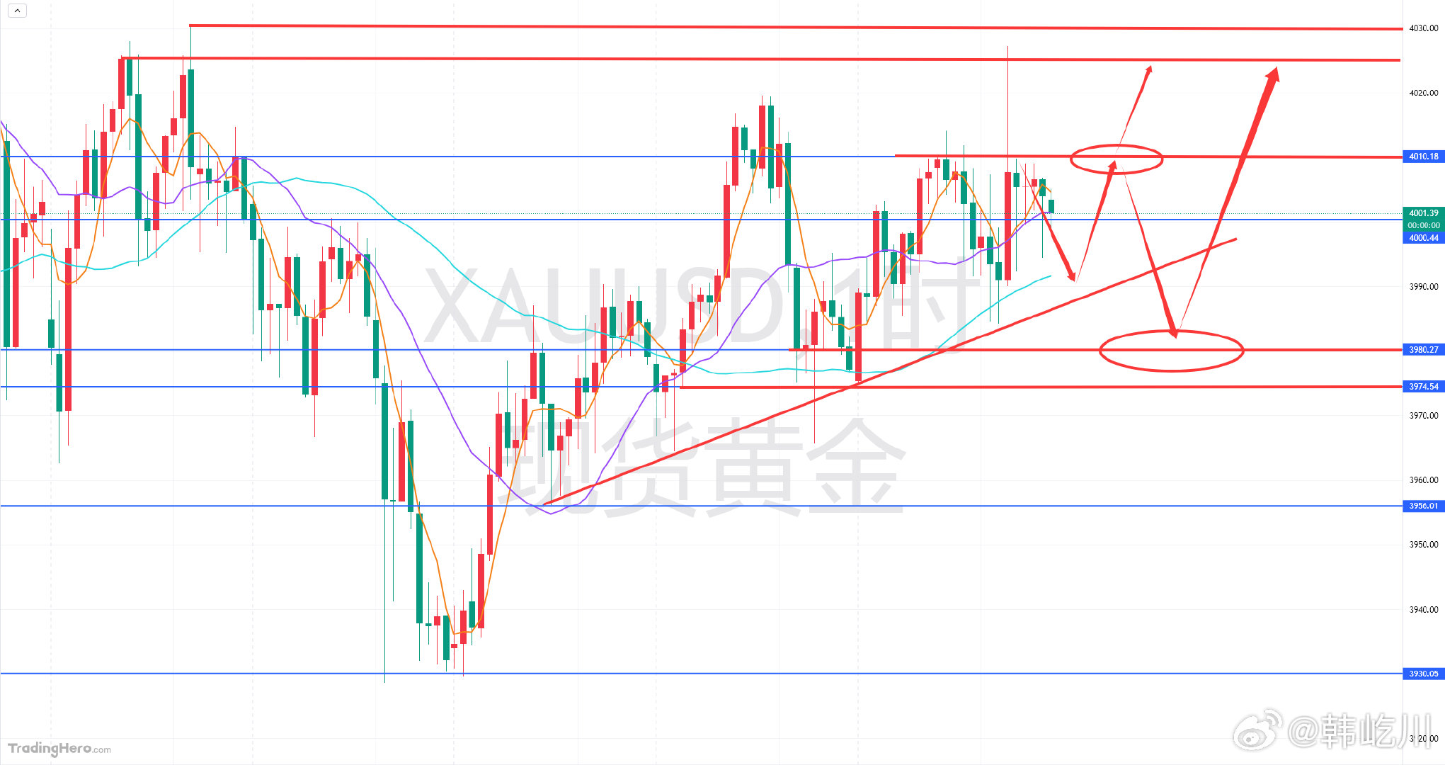 黄金上周回顾及下周分析预测：这一周的黄金走势上，始终是围绕在4000关口拉锯，那