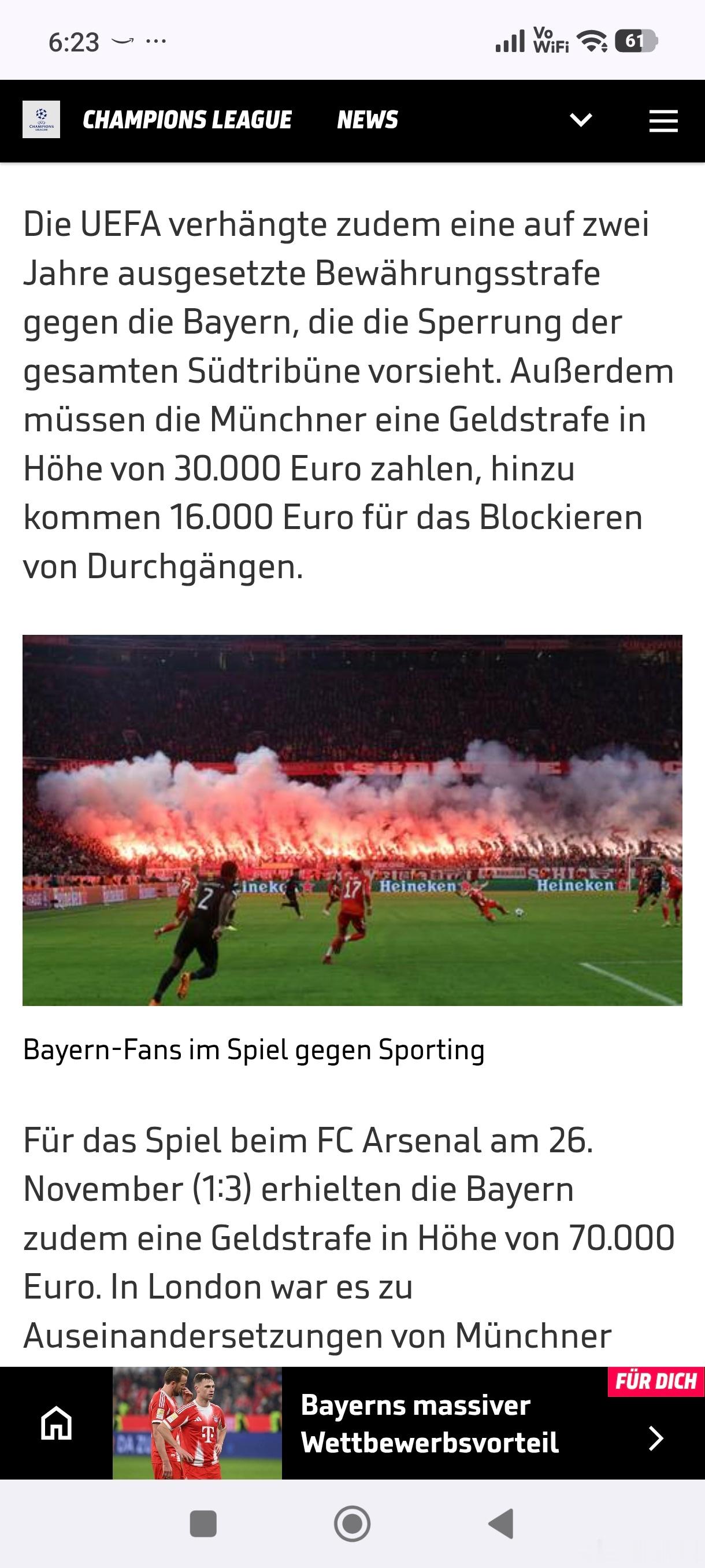 ［欧足联对拜仁罚款禁售部分看台］欧足联对拜仁慕尼黑开出总计高达11万6千欧元的罚